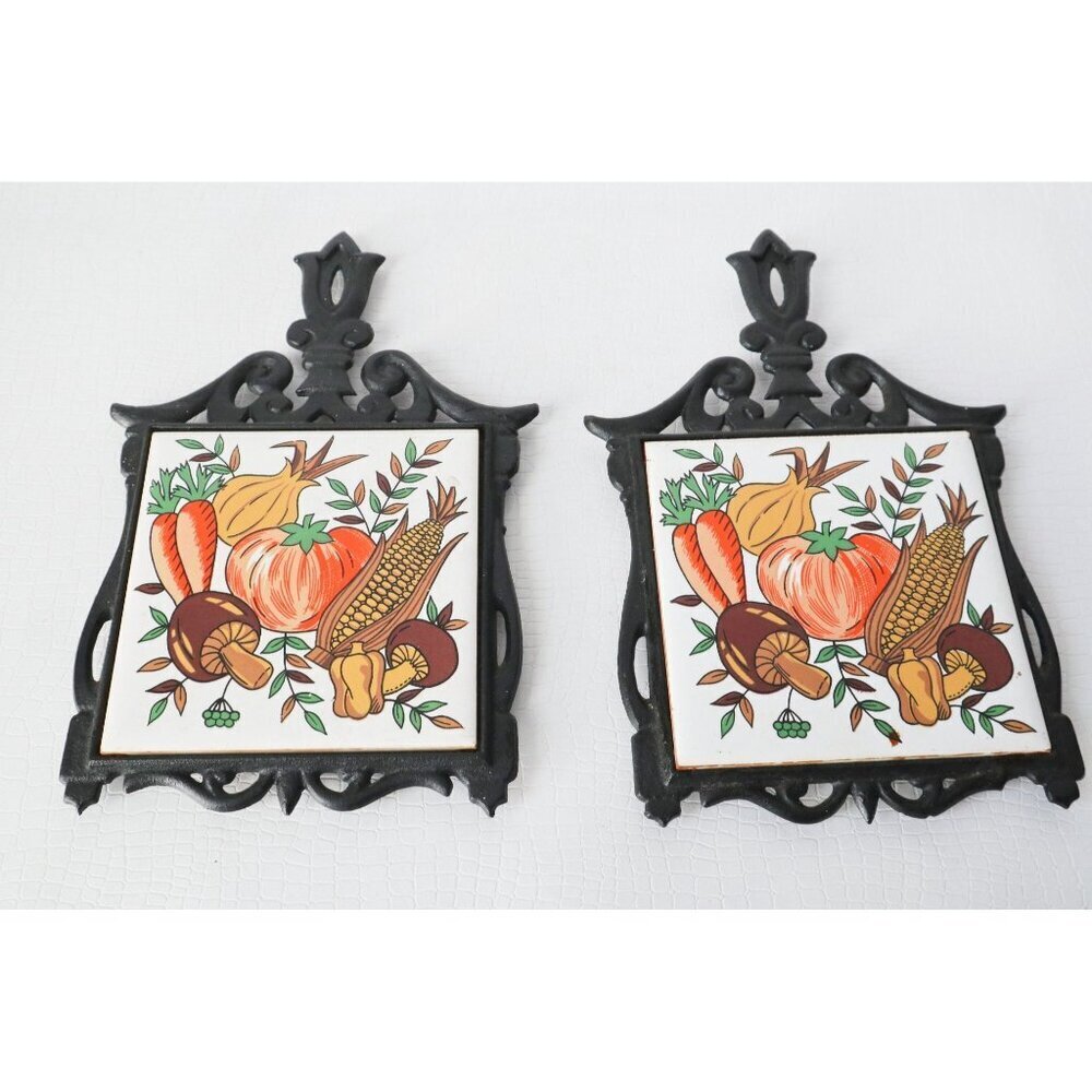 2 Vintage Cast Iron Tile Trivets Harvest Theme 1970s - Picture 3 of 4